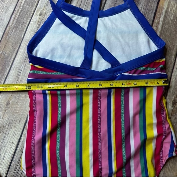 Calvin Klein Swimwear Rainbow Striped Teens Size 12/14 Strappy One Piece Blue - Picture 10 of 11